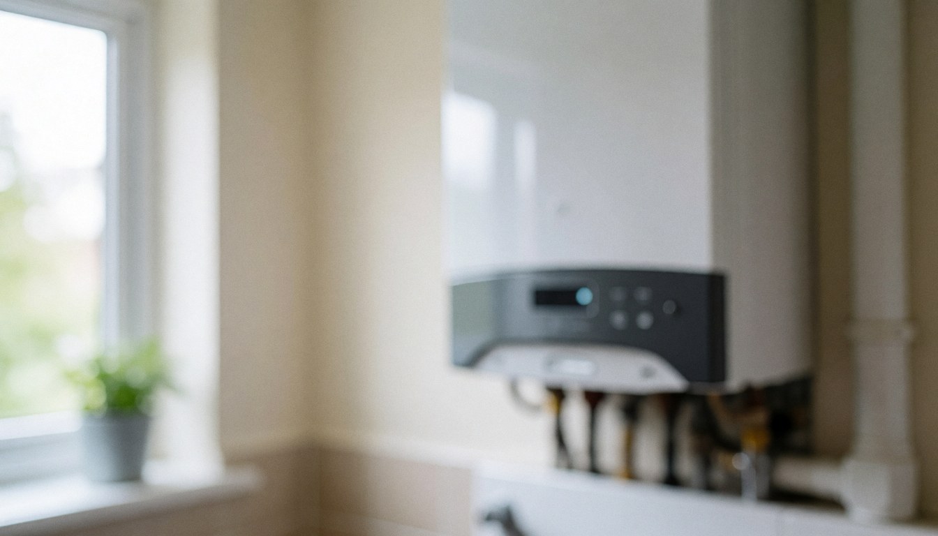 White heating boiler mounted on a wall with a blurred background featuring a window and a plant, suitable for service text overlays