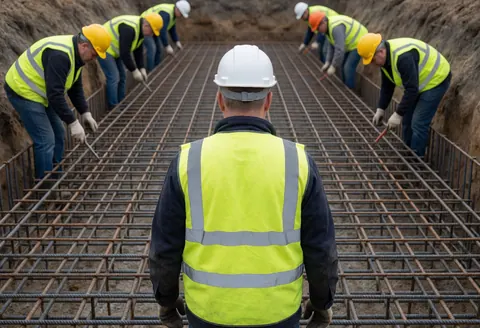 Worker in safety vest and helmet supervising rebar placement in a trench during civil construction work.