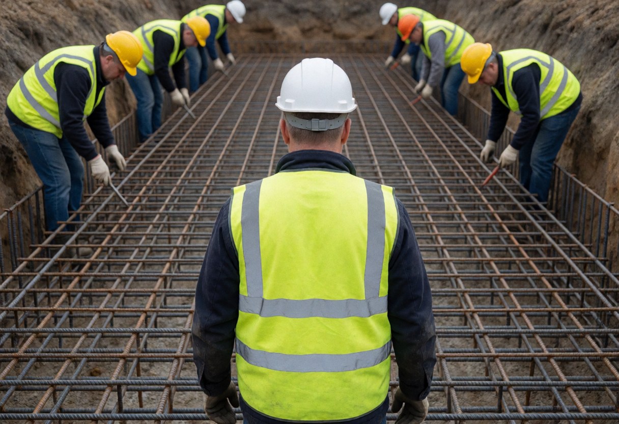 Worker in safety vest and helmet supervising rebar placement in a trench during civil construction work.