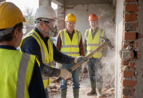 Worker in helmet and mask breaking brick wall with hammer while dust flies and colleagues watch on site