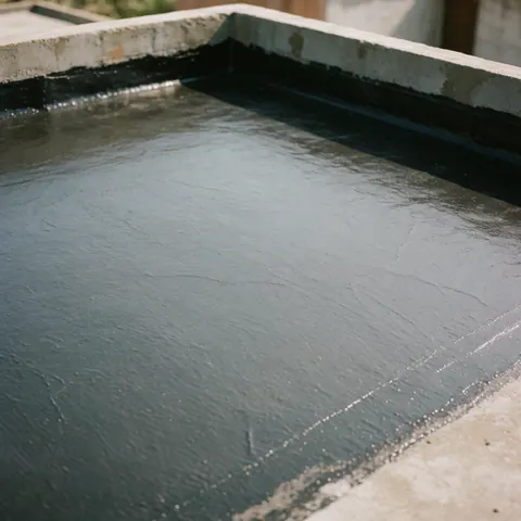Black waterproof membrane applied on a concrete terrace with edges sealed against a low wall under natural sunlight