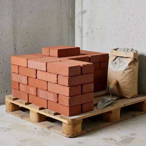 Stacked red clay bricks on a wooden pallet next to a mortar bag and shovel against a concrete wall