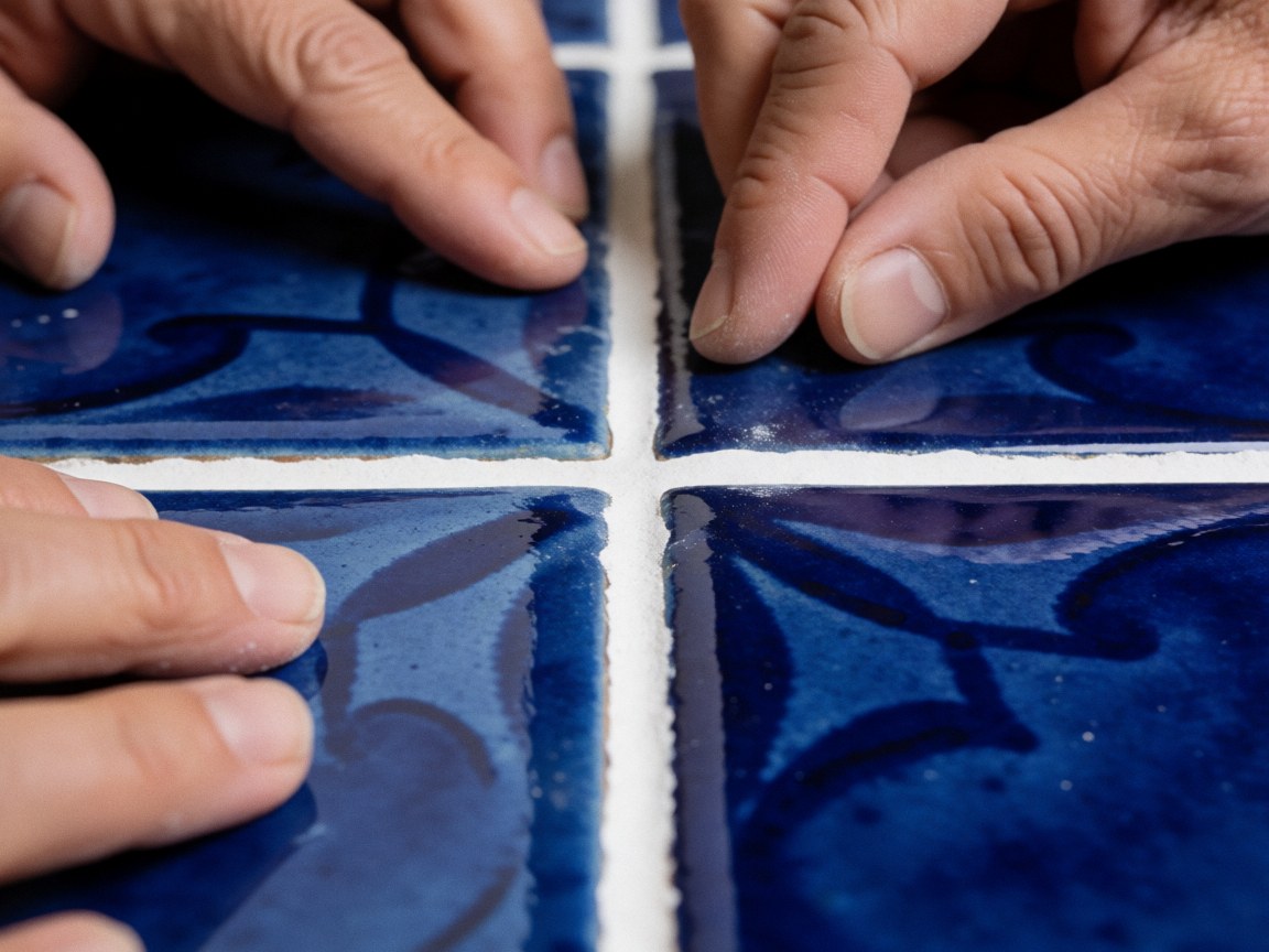 Close-up of hands applying white grout between blue Talavera tiles with intricate designs, highlighting ceramic details and soft lighting.
