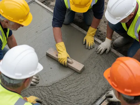 Top view of construction workers wearing helmets and gloves leveling fresh concrete within a formwork mold.