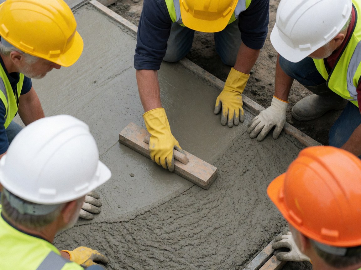 Top view of construction workers wearing helmets and gloves leveling fresh concrete within a formwork mold.
