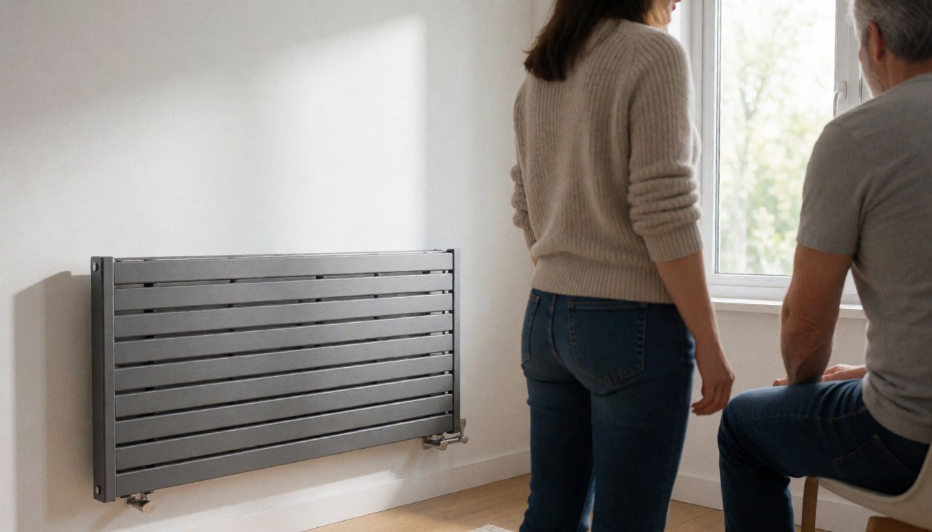 A man and woman observe a new gray aluminum radiator mounted on a white wall near a window with natural light