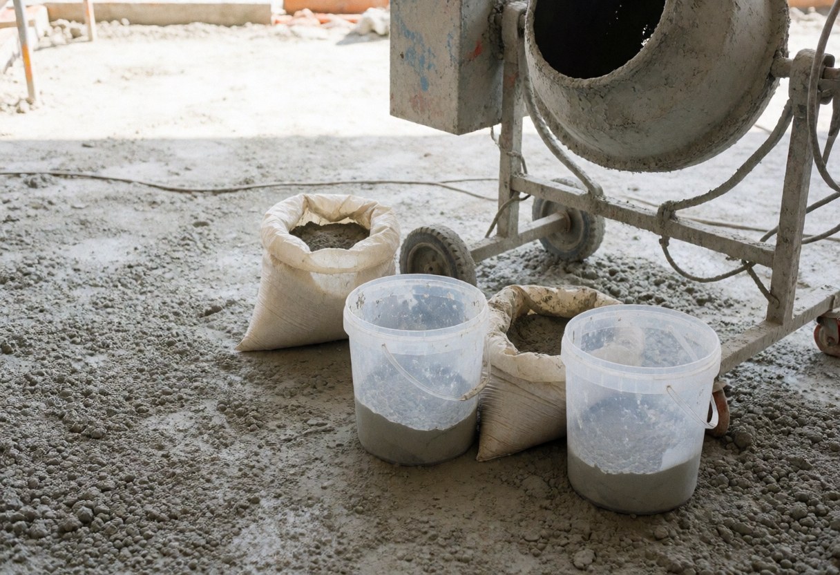 Fresh cement on the floor, cement bags, two buckets with mixture, and a concrete mixer at a construction site.