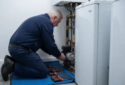 Boiler repair technician replacing a pump in the piping system with tools on a blue mat against white walls.