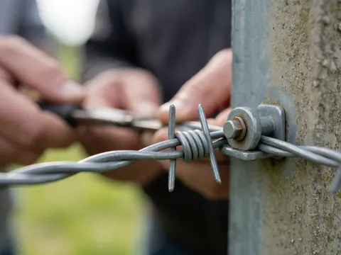 Close-up of hands using a tool to secure barbed wire on a metal post, with a blurred natural light background.
