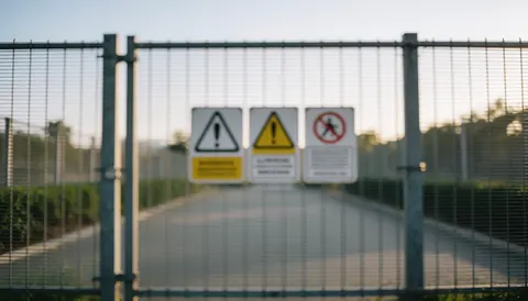 Out of focus metal security fence with warning signs, suitable for business text backgrounds and corporate security themes.