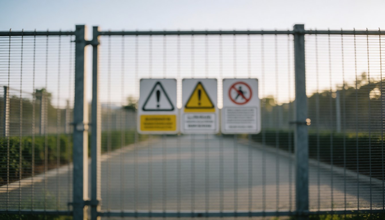 Out of focus metal security fence with warning signs, suitable for business text backgrounds and corporate security themes.