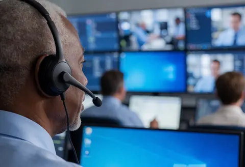 Security operator wearing a headset monitoring screens in a control center with blue lighting and other staff in the background