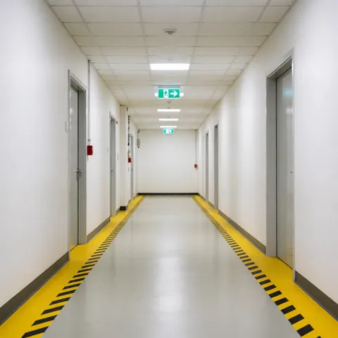 Clean empty industrial hallway with white walls, gray floor, and yellow and black safety stripes. Uniform lighting and visible emergency signs.