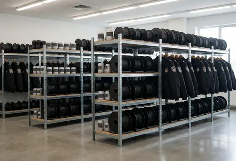 Organized security equipment warehouse featuring metal shelving, hanging uniforms, and rows of black cable spools on polished concrete floors.