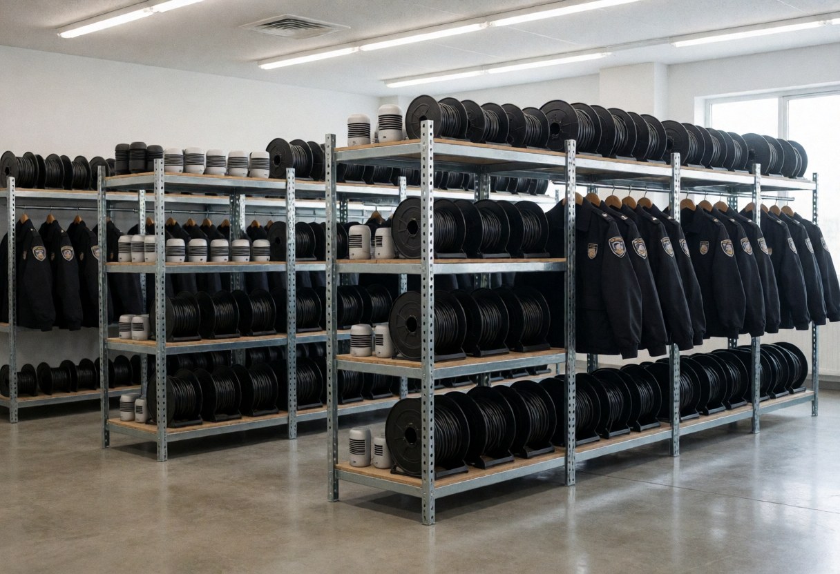 Organized security equipment warehouse featuring metal shelving, hanging uniforms, and rows of black cable spools on polished concrete floors.