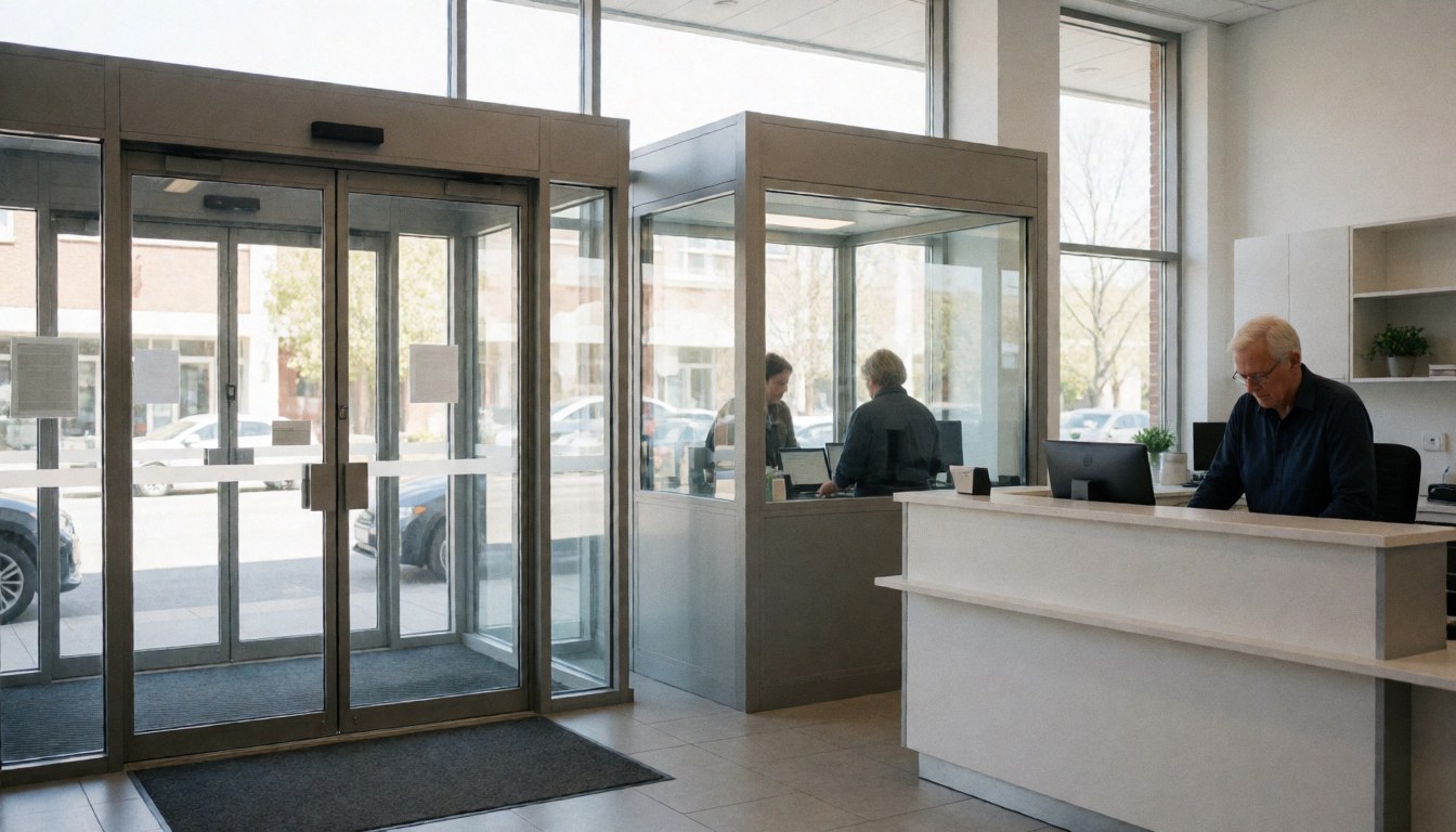 Security guard working at a modern office reception desk with a computer, featuring glass doors and a clean, professional environment.