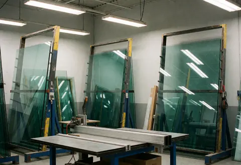 Large glass sheets stored on metal racks in a clean industrial factory with a worktable and overhead lighting