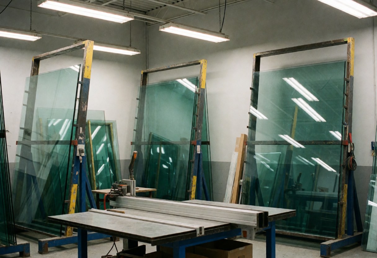 Large glass sheets stored on metal racks in a clean industrial factory with a worktable and overhead lighting