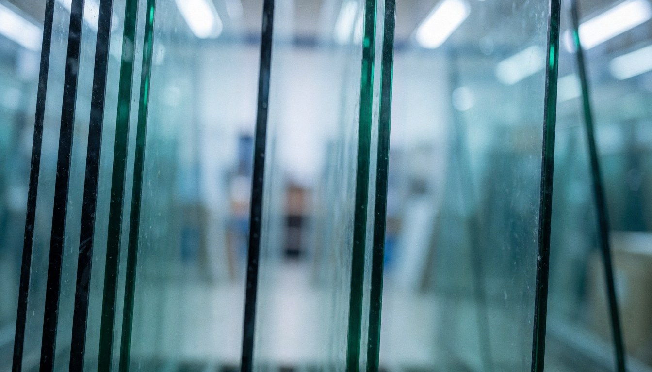 Professional background of stored glass with vertical lines, cool blue light and shallow depth of field, ideal for commercial text.