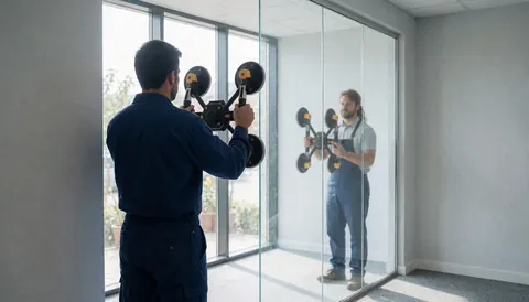 A glazier installs a large frameless glass wall in a modern office using a suction cup tool, with natural light highlighting the glass clarity and metallic floor finish.
