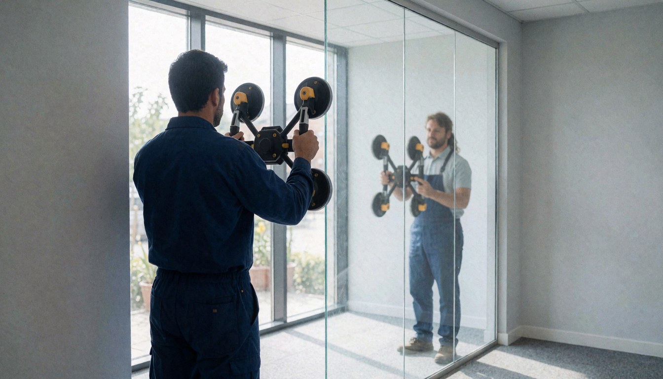 A glazier installs a large frameless glass wall in a modern office using a suction cup tool, with natural light highlighting the glass clarity and metallic floor finish.