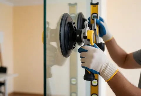 Close-up of a gloved hand using a suction cup tool and level to adjust a glass panel during glazing work against a beige wall.