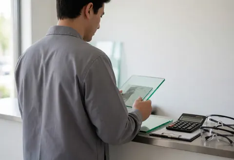 Glazier in gray uniform reviewing glass samples at a counter with calculator and safety glasses