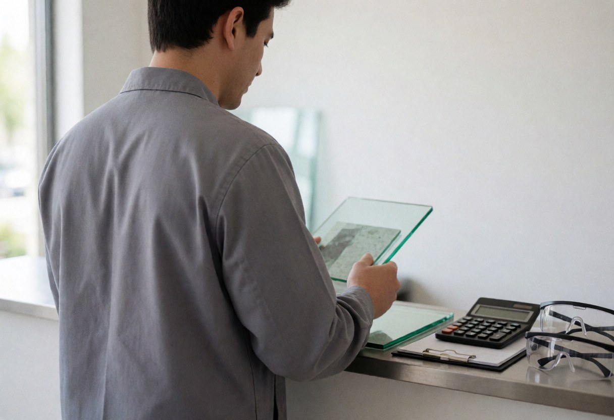 Glazier in gray uniform reviewing glass samples at a counter with calculator and safety glasses