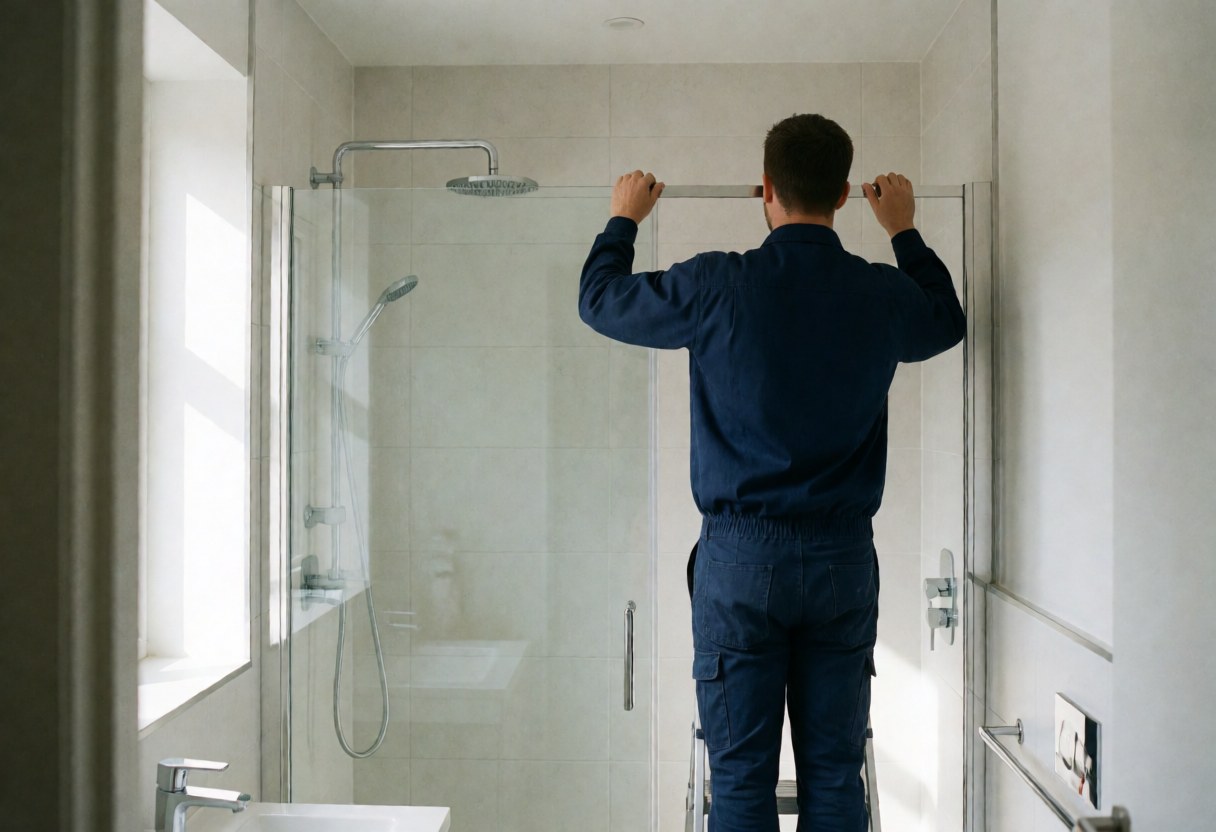 Glazier in blue uniform adjusting the upper bar of a glass shower in a modern bathroom with natural light.