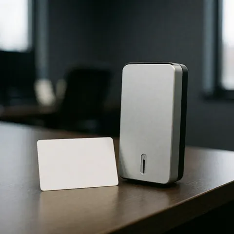 Unbranded white access card and electronic reader placed on a dark wooden desk in an office with gray walls