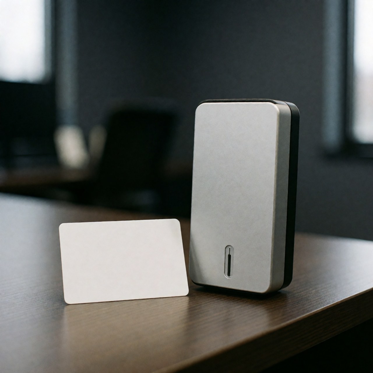 Unbranded white access card and electronic reader placed on a dark wooden desk in an office with gray walls