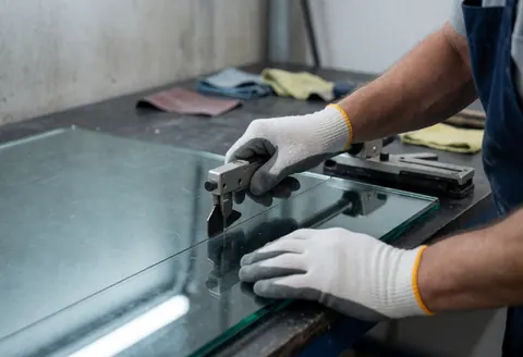 Close-up of gloved hands using a manual glass cutter on a sheet of tempered glass at a workbench in an industrial workshop setting