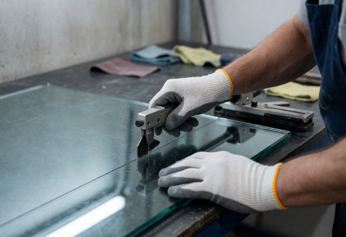 Close-up of gloved hands using a manual glass cutter on a sheet of tempered glass at a workbench in an industrial workshop setting