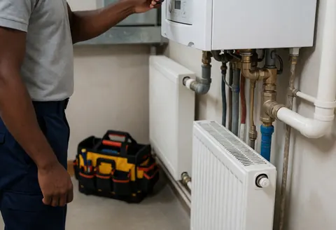 Technician adjusting a boiler thermostat with radiators and tools visible in a clean, organized space.