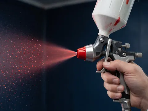 Macro view of a red spray gun nozzle with suspended paint droplets against a dark workshop background