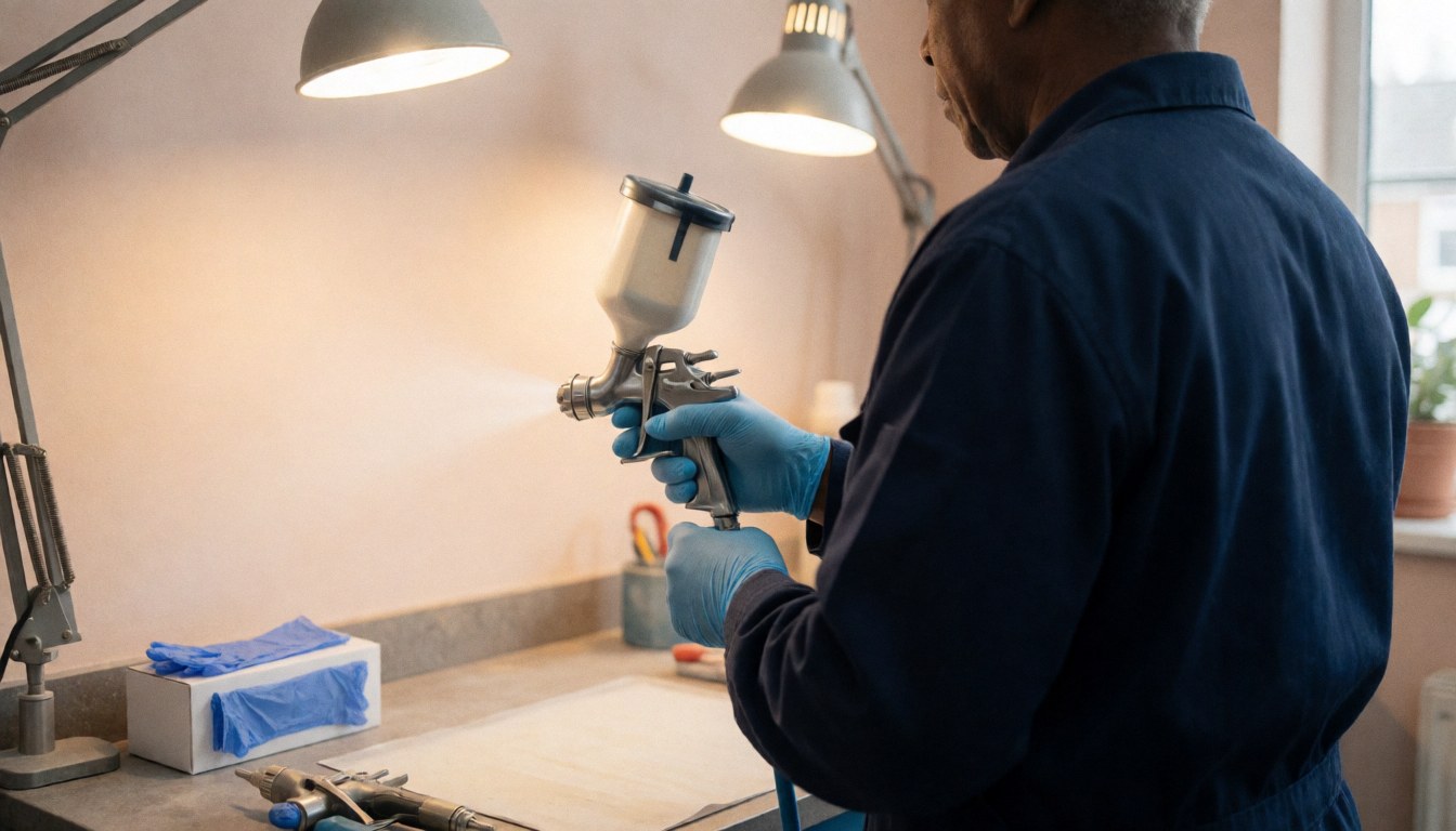 Technician adjusting a paint spray gun in a well-lit workshop with tools and gloves on the table