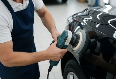 Technician polishing a black car fender with a dual-action polisher in a clean, well-lit auto body shop, creating bright reflections on the surface.