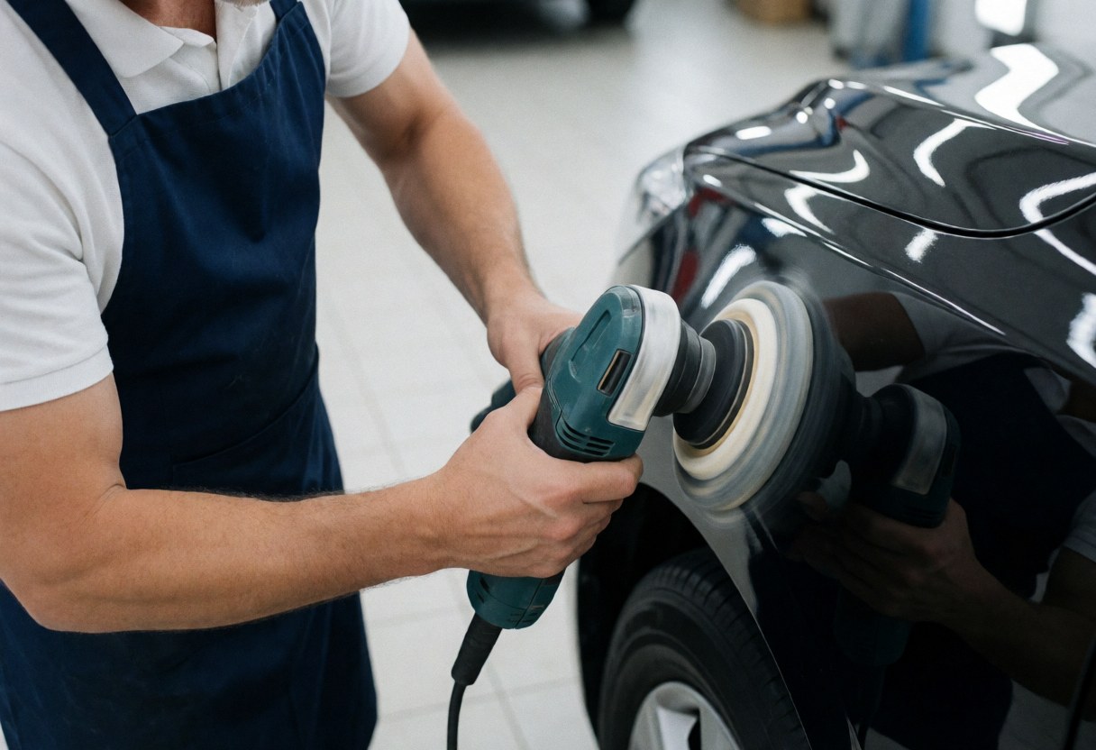 Technician polishing a black car fender with a dual-action polisher in a clean, well-lit auto body shop, creating bright reflections on the surface.