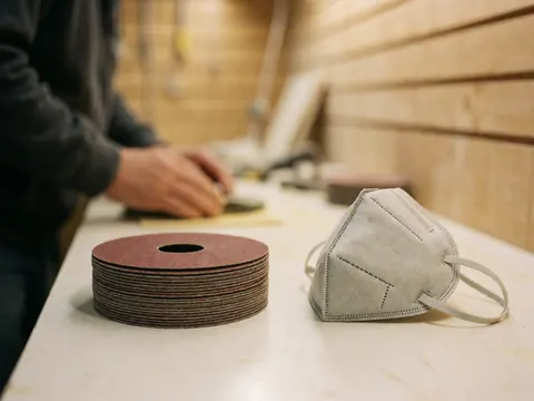 Stacked sanding discs and protective mask on a workbench in an automotive paint shop with blurred wooden walls in the background