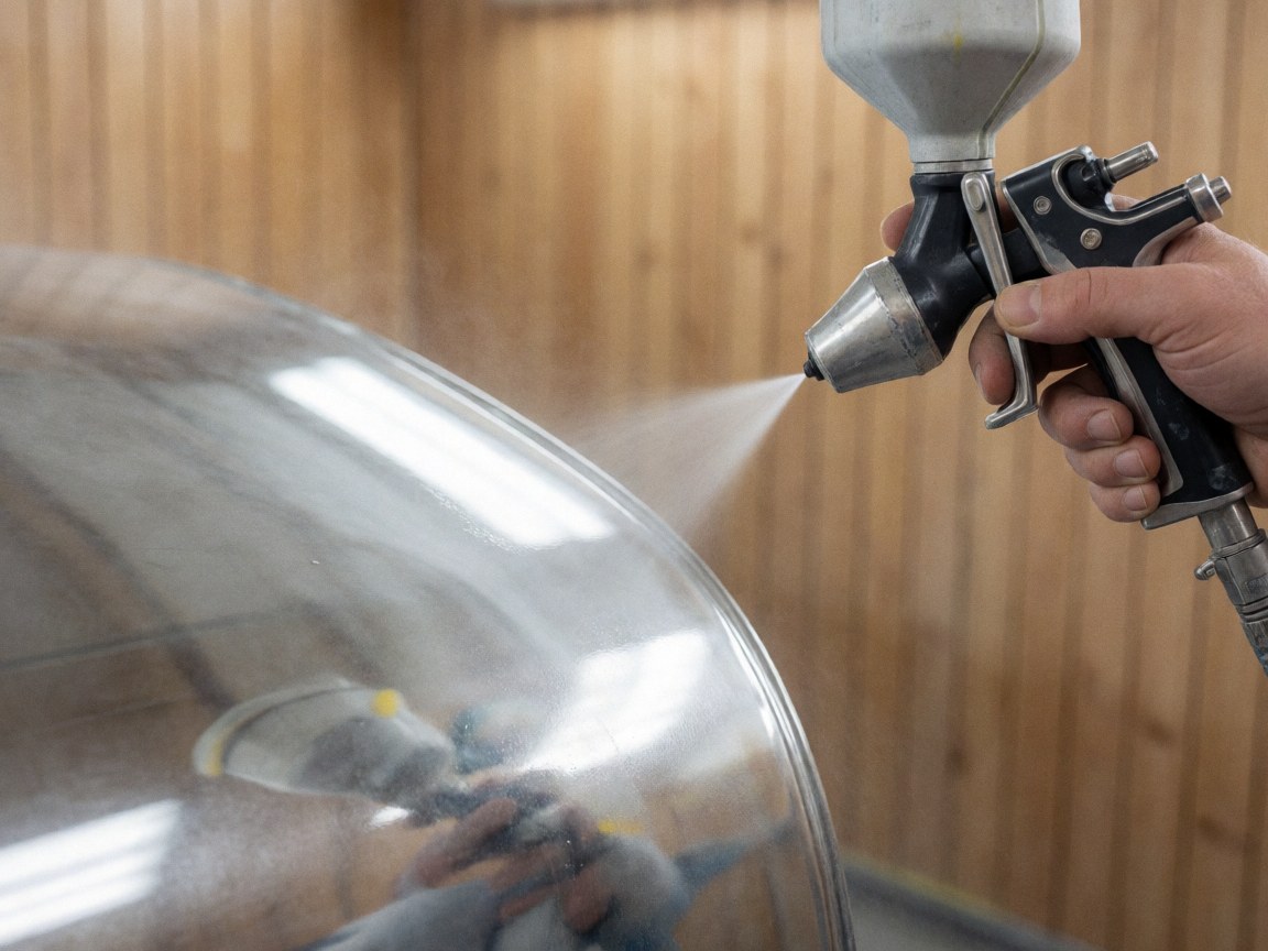 Close-up of a hand using a spray gun to apply a glossy finish on a curved metal surface in a workshop.