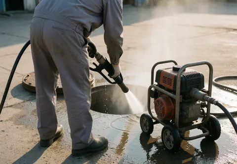 Plumber in gray uniform operates handheld hydro jetting machine to clean open sewer with high-pressure water and steam in industrial setting