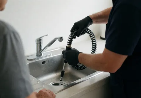 Plumber inserting a drain snake into a stainless steel sink with water flowing, set against a clean white kitchen wall background.