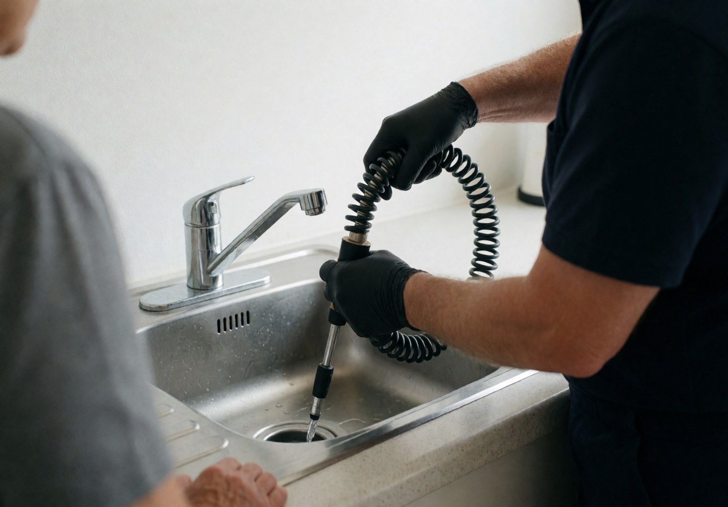 Plumber inserting a drain snake into a stainless steel sink with water flowing, set against a clean white kitchen wall background.