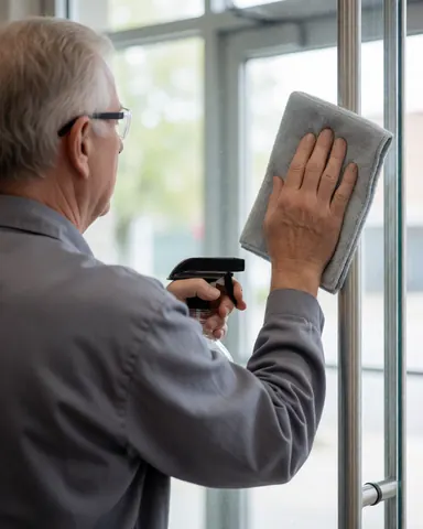 A worker in a gray uniform and safety glasses cleans a glass door using a towel and spray bottle, focusing on hands and tools.