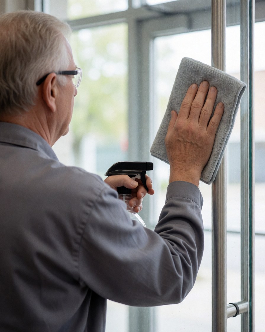 A worker in a gray uniform and safety glasses cleans a glass door using a towel and spray bottle, focusing on hands and tools.