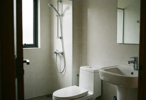 Clean modern bathroom featuring a handheld shower, white toilet, sink, light tile walls, and natural window light, suitable for plumbing repair services.