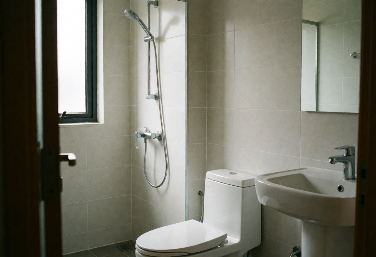 Clean modern bathroom featuring a handheld shower, white toilet, sink, light tile walls, and natural window light, suitable for plumbing repair services.