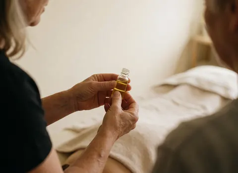 Close-up of therapist hands holding an essential oil bottle with a blurred treatment background
