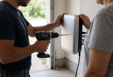 Technician installing an antenna in a garage using a drill while another person helps hold the equipment.