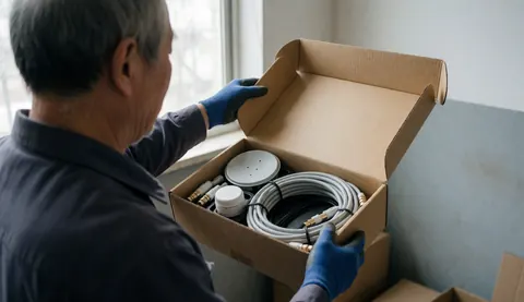 Technician with blue gloves opens a cardboard box containing a satellite antenna kit, coaxial cable, LNB, and small dish in a workshop setting